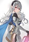  1girl armor ass black_hairband blue_cape blush cape commentary_request corrin_(female)_(fire_emblem) corrin_(fire_emblem) fire_emblem fire_emblem_fates grey_hair hair_between_eyes hairband hashiko_(neleven) highres holding holding_sword holding_weapon long_hair looking_at_viewer pointy_ears red_eyes simple_background solo sword weapon white_background yato_(fire_emblem) 