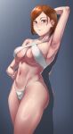  1girl absurdres arm_up armpits bikini blunt_ends breasts brown_eyes brown_hair cameltoe cojohn highres jujutsu_kaisen kugisaki_nobara large_breasts looking_at_viewer navel self-upload short_hair simple_background smile solo swimsuit white_bikini 