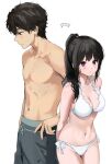  ... 1boy 1girl averting_eyes bare_shoulders bikini black_hair blush breasts brown_hair chitanda_eru cleavage collarbone cowboy_shot green_eyes highres hyouka male_swimwear medium_breasts mery_(yangmalgage) navel oreki_houtarou ponytail purple_eyes short_hair side-tie_bikini_bottom simple_background speech_bubble stomach swimsuit topless_male white_background white_bikini 