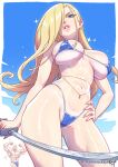  1boy 1girl abs absurdres alex_louis_armstrong ass_visible_through_thighs bald bikini blonde_hair blue_bikini blue_eyes breasts cleft_chin curvy double_biceps_pose engraved facial_hair fingernails flexing fullmetal_alchemist g-string hair_over_one_eye highres holding holding_sword holding_weapon homunculus jewelry kajin_(kajinman) large_breasts lips long_hair looking_at_viewer mole muscular muscular_female muscular_male mustache olivier_mira_armstrong scimitar skin_tight skindentation solo_focus sunlight swimsuit sword thick_lips thong veins veiny_breasts weapon wet 