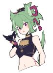  1girl animal_ears bare_shoulders black_gloves blush cat_ears cat_tail crop_top cropped_torso do_m_kaeru fang genshin_impact gloves green_hair hair_between_eyes hair_ornament holding holding_mask kemonomimi_mode kuki_shinobu looking_at_viewer mask mask_removed midriff navel partially_fingerless_gloves purple_eyes short_hair simple_background sleeveless solo stomach sweatdrop tail white_background 