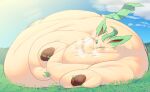  2022 alternate_version_at_source ambiguous_gender belly big_belly blush breath_cloud chest_tuft chubby_cheeks colored curved_eyebrows detailed_background digital_drawing_(artwork) digital_media_(artwork) double_chin eeveelution fat_rolls feral generation_4_pokemon glistening glistening_eyes hi_res huge_thighs immobile leafeon lying morbidly_obese nintendo obese on_side open_mouth open_smile overweight pokemon pokemon_(species) shaded smile solo squish tdookus thick_thighs tuft 