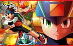  1girl 6+boys backpack bag bandana brown_eyes brown_hair capcom colored_sclera cover fireman.exe full_body green_eyes green_sclera gutsman.exe helmet lan_hikari_(mega_man) long_sleeves looking_at_viewer mega_man_(series) mega_man_battle_network mega_man_battle_network_4 megaman.exe multiple_boys official_art open_mouth red_eyes roll.exe_(mega_man) searchman.exe short_hair shorts textless_version thunderman.exe video_game_cover windman.exe yellow_sclera 