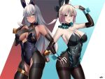  2girls ahoge animal_ears black_bow black_leotard blonde_hair bow breasts brown_eyes brown_pantyhose cleavage covered_navel dark-skinned_female dark_skin detached_collar detached_sleeves fake_animal_ears fate/grand_order fate_(series) grey_hair hair_bow half_updo highleg highleg_leotard koha-ace kurozawa_yui large_breasts leotard long_hair looking_at_viewer multiple_girls okita_souji_(fate) okita_souji_(koha-ace) okita_souji_alter_(fate) open_mouth pantyhose playboy_bunny rabbit_ears short_hair smile tassel thighband_pantyhose very_long_hair wrist_cuffs yellow_eyes 