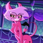  1:1 areola asmodeus_assistant background_character big_breasts breasts demon demon_humanoid detailed_background eyewear female genitals glasses hair helluva_boss horn humanoid nipples not_furry nude open_mouth open_smile pink_body pussy simp_tale smile solo succubus tail teeth thick_thighs white_hair 