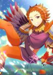  animal arm_behind_head bird blue_sky blurry blurry_background brown_eyes cloud commentary_request commission copyright_request day depth_of_field feet_out_of_frame forehead grin hand_up kou_hiyoyo orange_hair outdoors skeb_commission sky smile solo virtual_youtuber winged_arms wings 