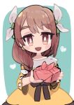  1girl braid brown_eyes brown_hair chibi dress fire_emblem fire_emblem_engage goldmary_(fire_emblem) hair_ornament hair_ribbon holding long_hair lowres official_alternate_costume ribbon side_braid smile solo tamatamariso85 yellow_dress 