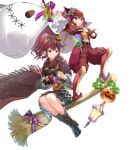  2girls ankle_boots anna_(fire_emblem) belt boots broom broom_riding cape closed_mouth detached_sleeves fire_emblem fire_emblem_awakening fire_emblem_engage fire_emblem_heroes gloves gold hair_ornament hat highres holding jack-o&#039;-lantern knee_boots lantern long_hair long_sleeves mini_party_hat miwabe_sakura multiple_girls non-web_source official_alternate_costume official_art pants party_hat pointy_footwear ponytail pumpkin red_eyes red_hair ribbon sack siblings side_ponytail sidelocks sisters skirt star_(symbol) star_tattoo tattoo tongue tongue_out transparent_background 