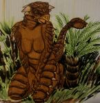  anthro beak biped breasts claws dinosaur female hi_res horn justcartilage nipples non-mammal_breasts non-mammal_nipples nude outside palm_tree plant raised_tail reptile scales scalie solo spikes tail traditional_media_(artwork) tree 