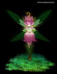  1girl absurdres artist_name boots breasts closed_eyes closed_mouth digimon dress facing_viewer flower-shaped_hair full_body glowing grass green_footwear hands_up highres knee_boots large_breasts leaf_wings lilimon officialseraphi pink_dress pink_hair short_hair solo standing wings 