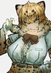  1girl absurdres adeshi_(adeshi0693119) angry animal_ears animal_print belt blonde_hair bow bowtie breast_pocket breasts brown_bow brown_bowtie brown_hair center_frills clenched_hand colored_inner_hair elbow_gloves energy fangs fingernails frills fur_scarf gloves hair_between_eyes half-closed_eye hand_up head_tilt high-waist_skirt highres huge_breasts jaguar_(kemono_friends) jaguar_ears jaguar_print kemono_friends looking_at_viewer medium_hair multicolored_hair open_mouth pocket print_gloves print_skirt raised_eyebrow ringed_eyes scarf sharp_fingernails shirt short_sleeves simple_background skirt solo taut_clothes taut_shirt upper_body v-shaped_eyebrows white_background white_shirt yellow_eyes 
