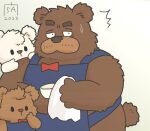  2023 anthro apron bear bodily_fluids brown_body clothing dot_eyes drip_(kumalino) goyemon_k group kemono kumalino male mammal overweight overweight_male roast_(kumalino) sanrio size_difference sweat syrup_(kumalino) white_body young 