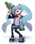  1girl absurdres arm_tattoo bare_shoulders black_footwear black_skirt black_sleeves black_thighhighs blue_eyes blue_hair blue_necktie crossover detached_sleeves full_body grey_shirt hatsune_miku headset highres holding holding_water_gun ink_tank_(splatoon) inkling inkling_girl light_blue_hair long_hair long_sleeves looking_at_viewer miniskirt necktie number_tattoo open_mouth pleated_skirt shirt shoelaces shoes simple_background skirt sleeveless sleeveless_shirt smile solo splatoon_(series) splattershot_(splatoon) standing tattoo thighhighs topdylan twintails very_long_hair vocaloid water_gun white_background zettai_ryouiki 