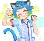  1girl ;d animal_ear_fluff animal_ears arm_up blue_hair brand_name_imitation can cat_ears cat_girl cat_tail collared_shirt commission employee_uniform food forehead glasses gradient_hair green_hair hand_up holding holding_can holding_food lawson looking_at_viewer multicolored_hair notice_lines one_eye_closed onigiri original pink-framed_eyewear shikito shirt short_sleeves skeb_commission smile solo sparkle striped striped_shirt strong_zero tail thick_eyebrows uniform upper_body vertical-striped_shirt vertical_stripes white_background white_nails yellow_eyes 