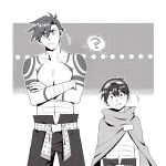  2608337875 2boys chest_tattoo crossed_arms greyscale highres kamina_(ttgl) male_focus midriff_sarashi monochrome multiple_boys sarashi simon_(ttgl) tattoo tengen_toppa_gurren_lagann topless_male 