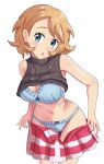  1girl absurdres bare_shoulders blue_bra blue_eyes blue_panties bra breasts brown_hair cleavage earrings head_tilt highres jewelry large_breasts looking_at_viewer maho_(corotonton5150) miniskirt navel open_mouth panties partially_undressed pokemon pokemon_(anime) pokemon_(game) pokemon_xy serena_(pokemon) short_hair skirt sleeveless sleeveless_turtleneck solo thighs turtleneck underwear undressing white_background 