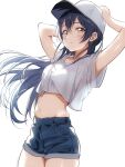  1girl blue_hair blush borgbutler commentary_request denim denim_shorts hair_between_eyes hand_on_own_head highres long_hair looking_at_viewer love_live! love_live!_school_idol_project midriff navel shirt short_shorts shorts simple_background solo sonoda_umi stomach white_background white_shirt yellow_eyes 
