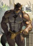  2022 abs absurd_res anthro biceps black_eyes black_hair body_hair brown_body brown_fur canid canine canis chest_tuft clothed clothing domestic_dog fur hair happy_trail hi_res jockstrap leaning_on_wall light male mammal navel nipples outside pantsless pawpads plant pubes re_baiz solo sunlight tile topless tree tuft underwear window yellow_clothing yellow_ears yellow_jockstrap yellow_nose yellow_pawpads yellow_sclera yellow_underwear 
