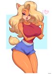  1girl absurdres arm_under_breasts blonde_hair blue_eyes blue_shorts crash_bandicoot_(series) furry furry_female heart highres long_hair looking_at_viewer red_lips red_shirt shirt short_shorts shorts simmsy simple_background sleeveless solo tail tawna_bandicoot 