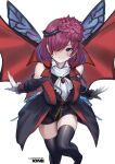  absurdres alternate_costume bare_shoulders blue_eyes blush closed_mouth collared_shirt commission fairy fairy_wings fire_emblem fire_emblem_heroes flower gloves hair_flower hair_ornament hair_over_one_eye hair_vines highres ioneare looking_at_viewer purple_hair red_brooch second-party_source shirt solo thighhighs triandra_(fire_emblem) white_gloves wings 