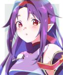  1girl armor bare_shoulders blush breastplate chromatic_aberration detached_sleeves hairband highres kinoope long_hair looking_at_viewer parted_bangs parted_lips pointy_ears purple_hair red_eyes red_hairband solo sword_art_online upper_body yuuki_(sao) 