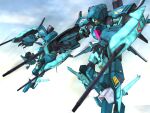  3d anksha arm_cannon beam_cannon blue_sky chibipen cloud commentary_request earth_federation flying gradient_sky gundam gundam_unicorn machinery mecha mobile_suit motion_lines no_humans realistic robot roundel science_fiction shield sky weapon 