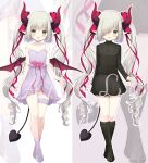  1girl :d bare_arms bare_shoulders black_footwear black_jacket black_nails black_skirt blush boots brown_eyes commentary_request crossed_legs demon_girl demon_horns demon_tail demon_wings dress emma_august fang frilled_dress frills gakuran grey_hair hair_over_one_eye horns jacket knee_boots long_hair low_wings multiple_views nail_polish nijisanji no_shoes pleated_skirt pointy_ears purple_dress purple_socks red_wings ringlets sample_watermark school_uniform shiratama_(shiratamaco) sidelocks skirt sleeveless sleeveless_dress smile socks strap_slip tail twintails very_long_hair virtual_youtuber wings 