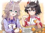  2girls animal_ears black_hair blue_eyes blush bow closed_mouth commentary_request ear_covers green_eyes grey_hair hair_between_eyes hair_ornament horse_ears horse_girl jacket katsuragi_ace_(umamusume) long_hair long_sleeves medium_hair multicolored_hair multiple_girls open_mouth ponytail prtn_(ttnx) purple_shirt red_jacket sailor_collar school_uniform shirt single_ear_cover sleeves_rolled_up smile streaked_hair table tassel tassel_hair_ornament thick_eyebrows tracen_school_uniform tracen_training_uniform umamusume white_bow white_hair wonder_acute_(umamusume) 