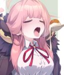  1girl aru_(blue_archive) blue_archive blush breasts brown_coat brown_horns closed_eyes coat coat_on_shoulders collared_shirt demon_horns food fur-trimmed_coat fur_trim fuyu_no_usagi halo highres horns large_breasts long_hair neck_ribbon open_mouth pink_hair pink_halo pudding red_ribbon ribbon shirt solo spoon tongue tongue_out white_shirt 