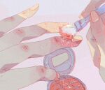  applying_makeup chromatic_aberration close-up commentary cosmetics english_commentary glitter glitter_makeup hand_blush hand_focus holding_makeup_brush makeup_brush original palette_(object) pastel_colors purple_background simple_background solo xi_zhang 