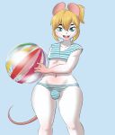  2023 anthro ball beach_ball bulge clothing girly hair hi_res holding_object inflatable looking_at_viewer mammal marvin_(mr-shin) mouse mr-shin murid murine navel open_mouth pattern_clothing rodent simple_background solo striped_clothing stripes white_body 