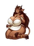  anthro big_breasts black_horn blazbaros bovid bovine breasts brown_body brown_ears brown_fur brown_hair cattle cleavage clothed clothing collar curvy_figure dress dungeons_and_dragons ear_piercing ear_ring ears_down female fur glistening glistening_body hair half-closed_eyes hasbro hi_res holstaurus hooves horn huge_breasts kneeling long_hair looking_at_viewer mammal narrowed_eyes orange_eyes piercing pivoted_ears ring_piercing simple_background skindentation smile solo tail tail_tuft thick_thighs tuft voluptuous white_background white_clothing white_dress wide_hips wizards_of_the_coast 