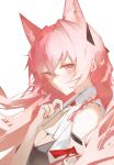  1girl animal_ears arknights black_shirt breasts cleavage extra_ears hair_between_eyes hand_up highres holding holding_pen lch long_hair looking_at_viewer nib_pen_(object) pen pink_eyes pink_hair pozyomka_(arknights) shirt simple_background solo upper_body white_background wolf_ears 