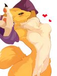  &lt;3 3_fingers 3gs anthro armwear bandai_namco black_sclera blue_eyes breasts bridal_gauntlets canid canine clothing digimon digimon_(species) featureless_breasts featureless_crotch female fingers fox fur hi_res mammal neck_tuft nude renamon simple_background solo tail tuft white_body white_fur yellow_body yellow_fur 