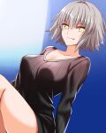  1girl alternate_costume black_sweater blue_background breasts collarbone commentary_request engo_(aquawatery) fate/grand_order fate_(series) grey_hair grin hair_between_eyes highres jeanne_d&#039;arc_alter_(fate) large_breasts long_sleeves looking_at_viewer naked_sweater ribbed_sweater short_hair simple_background sitting smile solo sweater teeth thighs yellow_eyes 