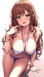  1girl alternate_hairstyle arm_support ass_visible_through_thighs bang_dream! bare_shoulders bikini bracelet breasts cameltoe cleavage collarbone commentary covered_nipples earrings green_eyes hair_twirling imai_lisa jewelry lambda_(kusowarota) large_breasts light_brown_hair long_hair looking_at_viewer navel o-ring o-ring_bikini o-ring_top open_mouth purple_bikini side-tie_bikini_bottom simple_background solo swimsuit thigh_gap thighs wet white_background 