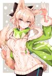  1girl ahoge animal_ears blonde_hair fate/grand_order fate_(series) green_jacket grey_eyes hi_(wshw5728) highres holding_own_tail jacket neck_warmer okita_souji_(dream_portrait)_(fate) okita_souji_(fate) sweater tail twitter_username wolf_ears wolf_tail 