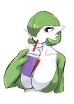  2023 absurd_res beverage breasts cleavage clothed clothing container cup drinking female gardevoir generation_3_pokemon green_body hi_res holding_container holding_cup holding_object humanoid menyang nintendo pokemon pokemon_(species) red_body red_eyes simple_background solo white_background white_body 