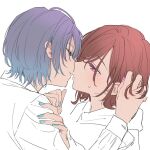  2girls asakura_toru brown_hair closed_eyes earrings fingernails gobou_1000 higuchi_madoka idolmaster idolmaster_shiny_colors imminent_kiss jewelry looking_at_another mole mole_under_eye multiple_girls nail_polish partially_colored purple_hair short_hair simple_background stud_earrings sweatdrop upper_body white_background yuri 