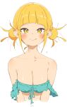  1girl :q bare_shoulders bikini blonde_hair blush boku_no_hero_academia breasts cleavage closed_mouth collarbone commentary_request double_bun frilled_bikini frills green_bikini hair_bun highres looking_at_viewer medium_breasts rasusurasu short_hair simple_background smile solo strapless strapless_bikini swimsuit toga_himiko tongue tongue_out upper_body white_background yellow_eyes 