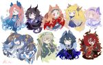  :d ;d animal archetto_(arknights) arknights black_cloak black_dress black_hair black_hairband blonde_hair blue_cloak blue_eyes blue_scarf blush brown_hair character_request chibi cloak closed_mouth collared_shirt colored_eyelashes commentary dress ebenholz_(arknights) fang fartooth_(arknights) fartooth_(hear_the_wind_sing)_(arknights) forehead_jewel fringe_trim fur_trim green_eyes grey_hair hair_between_eyes hair_ornament hair_ribbon hairband hand_up heterochromia highres lion_tail long_hair long_sleeves looking_at_viewer looking_down looking_to_the_side one_eye_closed parted_bangs passenger_(arknights) pudding_(arknights) puffy_long_sleeves puffy_sleeves purple_eyes purple_footwear purple_hairband purple_ribbon purple_shirt red_cloak red_eyes red_hair ribbon scarf seal_(animal) shirt shoes short_eyebrows simple_background sleeves_past_wrists smile sparkle sui_(blackcatsui_yoi) tail thick_eyebrows very_long_hair white_background white_cloak white_dress yellow_eyes 