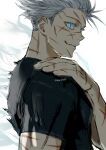  1boy black_shirt blue_eyes colored_eyelashes commentary_request fingernails gojou_satoru hand_on_own_shoulder jujutsu_kaisen looking_at_viewer male_focus nori20170709 parted_lips scar shirt short_hair short_sleeves sideways_glance solo twitter_username upper_body white_background white_hair 