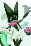  blurry closed_mouth commentary_request crossed_legs green_fur half-closed_eyes highres meowscarada nobu_(rghw3527) pokemon pokemon_(creature) purple_eyes smile solo standing white_background 