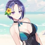  1girl absurdres black_choker black_one-piece_swimsuit blue_one-piece_swimsuit breasts choker fire_emblem fire_emblem:_three_houses fire_emblem_heroes flower hair_flower hair_ornament halterneck highres hip_vent large_breasts looking_at_viewer n_54 official_alternate_costume one-piece_swimsuit purple_eyes purple_hair shamir_nevrand shamir_nevrand_(summer) smile solo swimsuit two-tone_swimsuit upper_body 