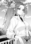  1girl against_railing alternate_costume alternate_hairstyle blurry blurry_foreground breasts closed_mouth cloud collared_shirt day eyelashes greyscale highres jun&#039;you_(kancolle) kantai_collection large_breasts long_hair machi_(ritovoyage) monochrome outdoors petals ponytail railing shirt shirt_tucked_in sky solo turtleneck water 