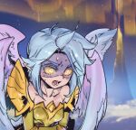  1girl bare_shoulders breasts cloud collarbone colored_sclera glowing glowing_eyes gold_armor grey_hair kayle_(league_of_legends) league_of_legends mountain night open_mouth orange_sclera outdoors phantom_ix_row pointy_ears short_hair small_breasts solo sweat teeth tongue upper_body wings yellow_eyes 
