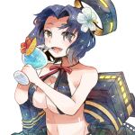  1girl bikini black_bikini breasts brown_eyes cleavage collarbone cup drink drinking_glass drinking_straw flower hair_flower hair_ornament halo holding holding_cup itomugi-kun kantai_collection large_breasts machinery mechanical_halo mole mole_under_eye open_mouth purple_hair rigging short_hair simple_background smile solo swimsuit tatsuta_(kancolle) upper_body white_background white_flower 