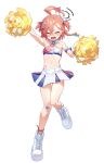  1girl absurdres ahoge armpits asymmetrical_bangs bandaid bandaid_on_knee bandaid_on_leg blue_archive cheering cheerleader crop_top embarrassed halo highres holding holding_pom_poms huge_ahoge midriff millennium_cheerleader_outfit_(blue_archive) miniskirt mole mole_under_eye neru_(blue_archive) pom_pom_(cheerleading) revision short_twintails skirt twintails yanyo_(ogino_atsuki) 