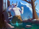  accessory anthro barechested belly biceps body_hair bottomwear bovid bovine bracelet cariboops cattle chest_hair chest_tuft clothed clothing cold furgonomics hi_res horn horn_jewelry jewelry male mammal manly mountain muscular muscular_arms navel nipples partially_submerged partially_submerged_legs pecs shirtless shirtless_male shocked_expression shorts shorts_only solo tail tail_accessory tail_jewelry topless topless_male tuft water waterfall wide_eyed 