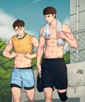  2boys abs black_hair black_shorts blue_shorts clothes_lift day food food_in_mouth highres large_pectorals leviejzn looking_at_another male_focus mitsui_hisashi miyagi_ryouta multiple_boys muscular muscular_male navel nipples outdoors pectorals popsicle popsicle_in_mouth shirt shirt_lift short_hair shorts sky slam_dunk_(series) topless_male towel towel_around_neck yellow_shirt 